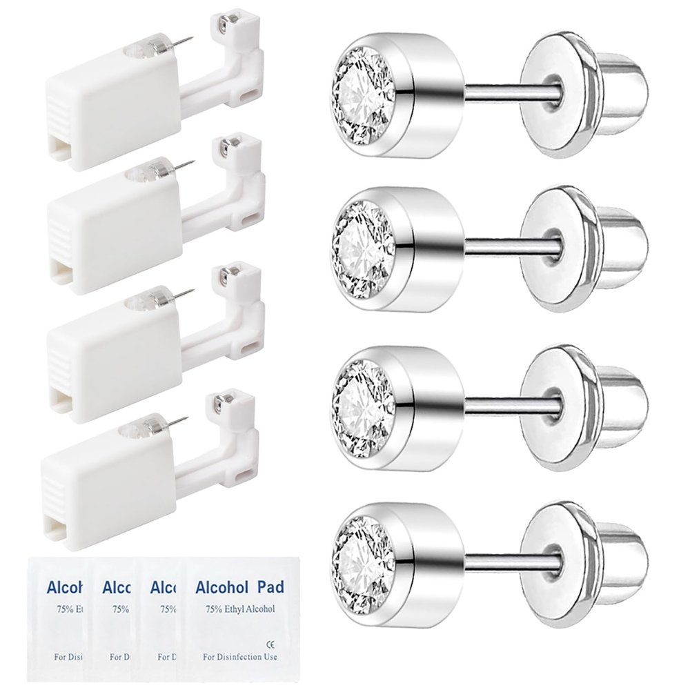 4 Pack Ear Piercing Kit - Disposable Ear Piercing Gun Cartilage Piercing Tools At Home Self Ear Piercer Kit with Earrings Stud 3mm 4mm (S216-4mm-4)