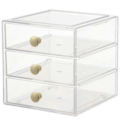 AJIODA Makeup Drawer Organizer Box with 3 Drawers, Acrylic Cosmetic Display Case Vanity Organizer Jewelry Storage Box Stackable Storage for Cosmetics, Skin Care, Bathroom, Countertop, Gold Handle
