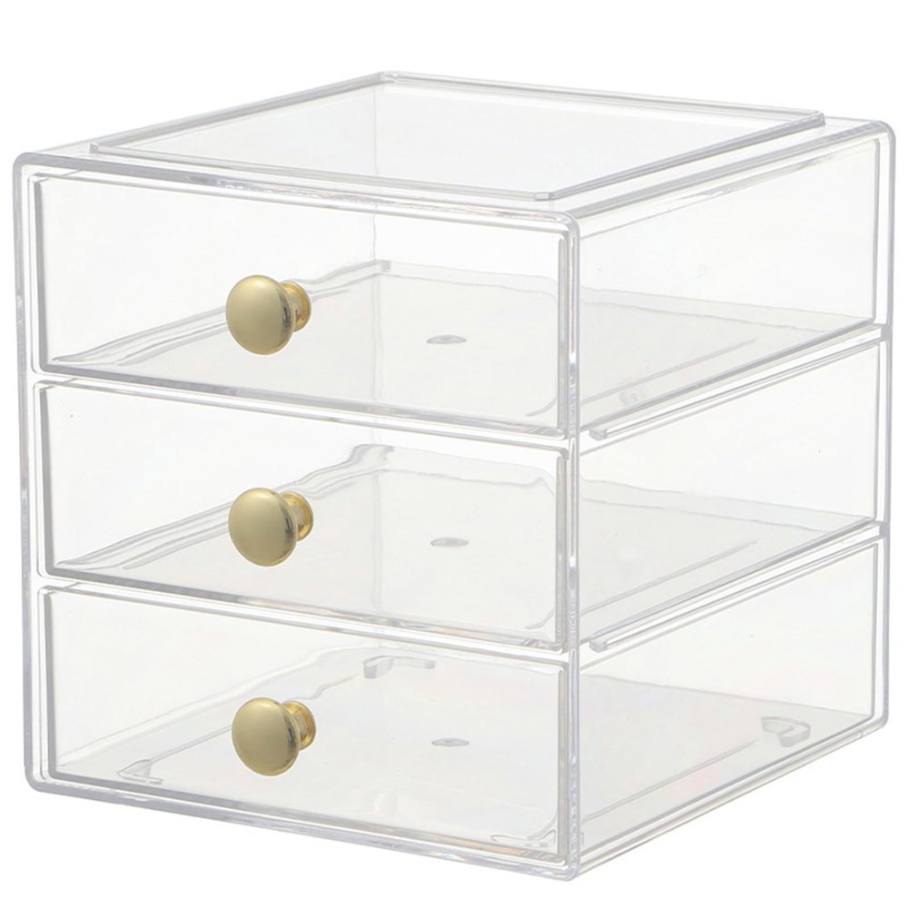 AJIODA Makeup Drawer Organizer Box with 3 Drawers, Acrylic Cosmetic Display Case Vanity Organizer Jewelry Storage Box Stackable Storage for Cosmetics, Skin Care, Bathroom, Countertop, Gold Handle