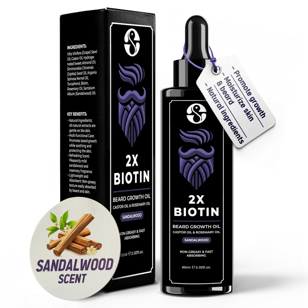 Biotin Concentration Beard Thickener & Softener - 2oz with Castor Oil, Rosemary Oil, and Vitamins - Sandalwood Scent for Men