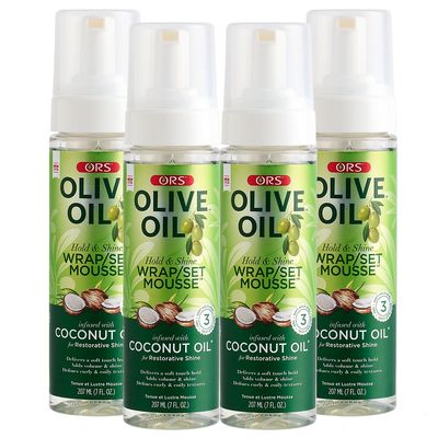 ORS Olive Oil Hold & Shine Wrap Set Mousse Infused with Coconut Oil for Restorative Shine 7 Ounce (Pack of 4)
