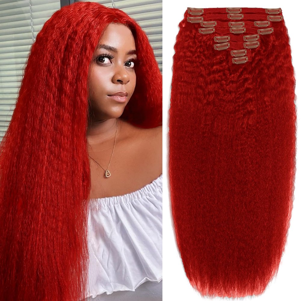 Clip in Hair Extensions Real Human Hair 8pcs 120g Red color Remy Hair Extensions Kinky Straight Clip ins Double Weft Human Hair Clip in Extensions for Women 22inch
