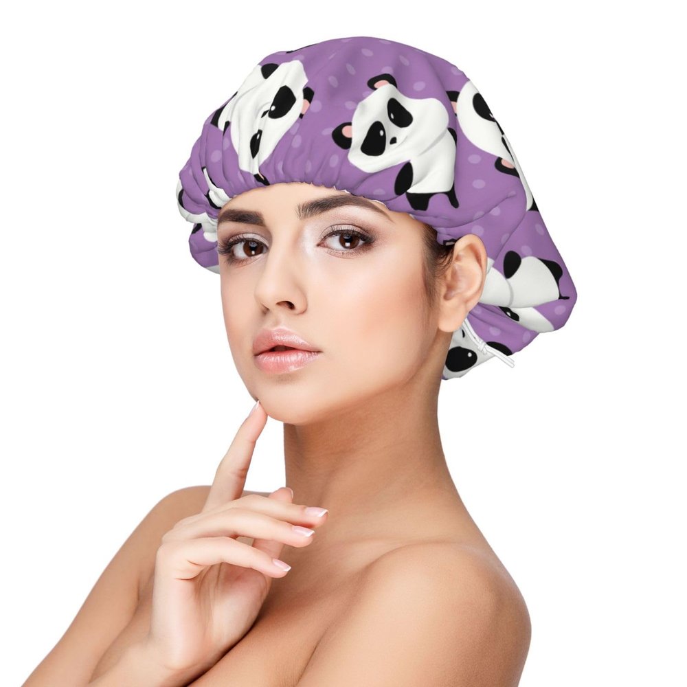Panda Polka Dot Cute Pattern Sleeping Cap Reusable Bath Cap Shower Cap for Women Long Hair