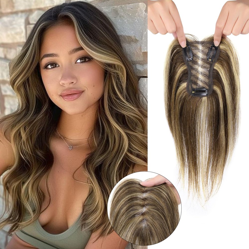 DUGPOB Brown Highlight Hair Toppers for Women Real Human Hair, 10 Inch Short Straight Toppers for Women With Thinning Hair, 360 3D, Birthday Gifts for Mom/Her, (4/27 Color)