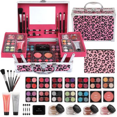 Anpro All-In-One Leopord Double Folding Makeup Kit with Case, Pro Teen Makeup Set, Full Starter Kit with Makeup Brushes, Lipsticks, Eyeshadow Palette, Blushes, Glitter Gel, Ideal Present for Girls