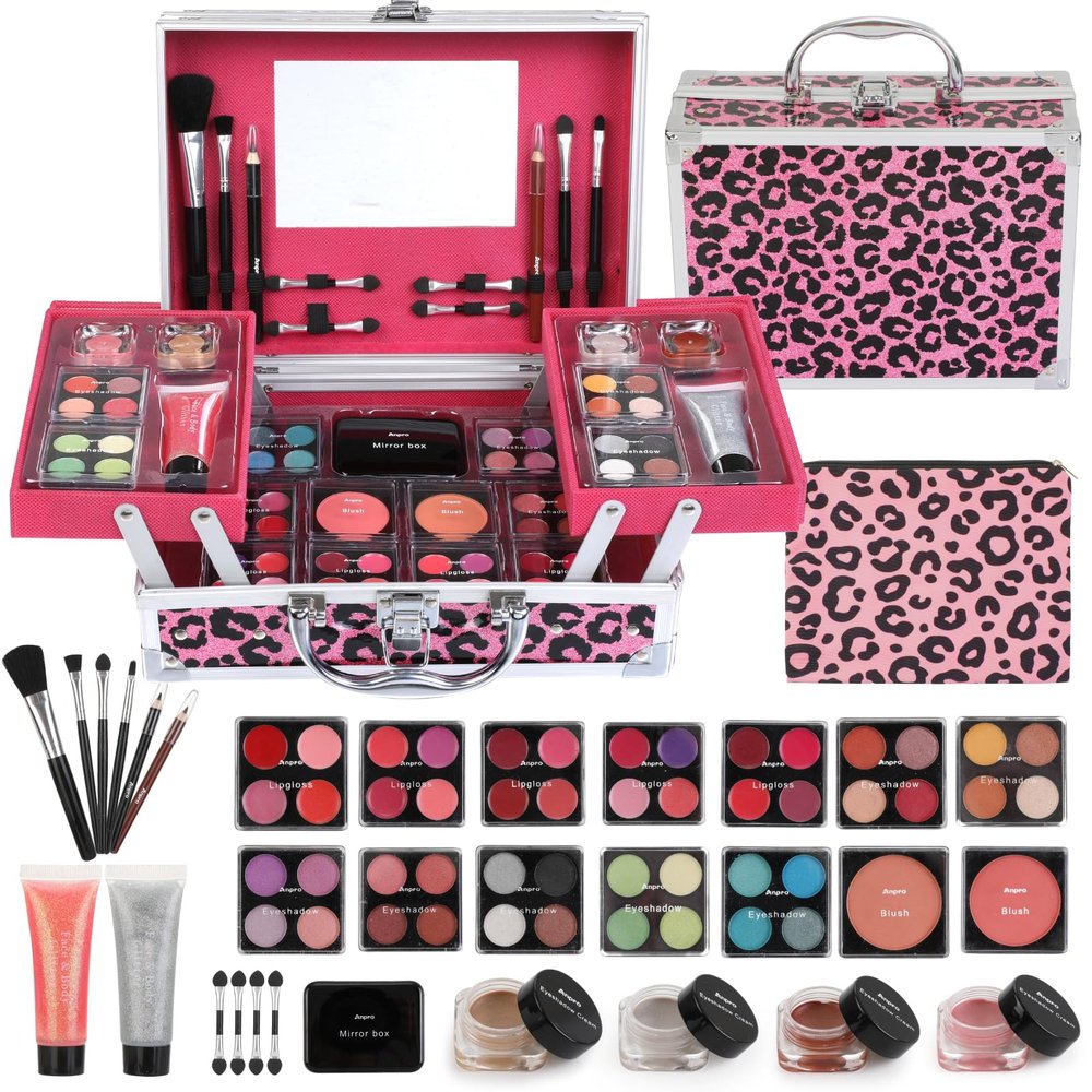 Anpro All-In-One Leopord Double Folding Makeup Kit with Case, Pro Teen Makeup Set, Full Starter Kit with Makeup Brushes, Lipsticks, Eyeshadow Palette, Blushes, Glitter Gel, Ideal Present for Girls