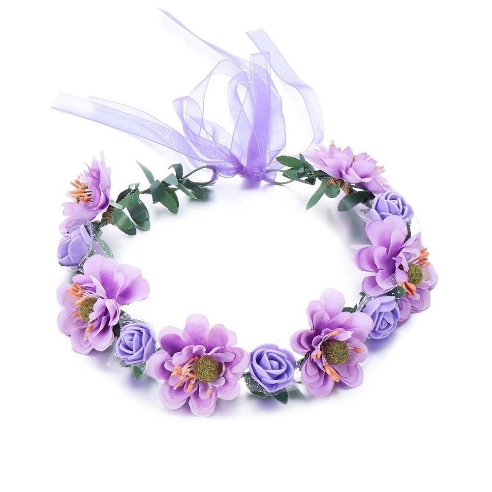 Adjustable Ribbon Flowers Leaves Headbands Girls Floral Wreath Rose Flower Crown Bridal Halo Headpiece Bohemia Garland(Purple)