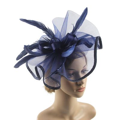 Lady Flower Headband With Hair Clip, Hat Cocktail Tea Party Headwear With Veil And Feather For Women(Navy)