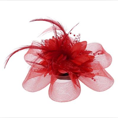 1pcs Women Flower Feather Beads Mesh Corsage Hair Clips Female Bridal Hairband(Red)