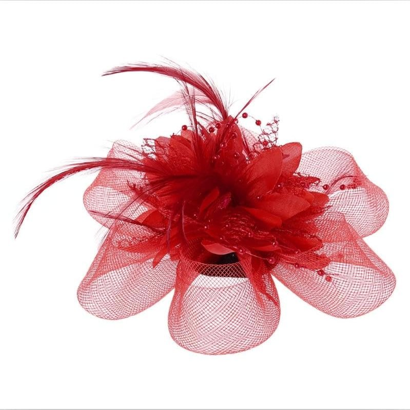 1pcs Women Flower Feather Beads Mesh Corsage Hair Clips Female Bridal Hairband(Red)