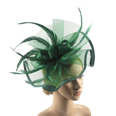 Lady Flower Headband With Hair Clip, Hat Cocktail Tea Party Headwear With Veil And Feather For Women(green)