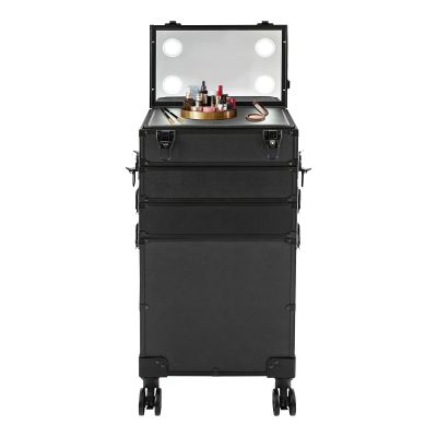 4 in1 Aluminum Rolling Makeup Train Case, Cosmetic Lockable Trolley with Mirror of LED Lighted 3 Color Salon Barber Case Traveling Cart Trunk with Storage box for Freelance Makeup Artist