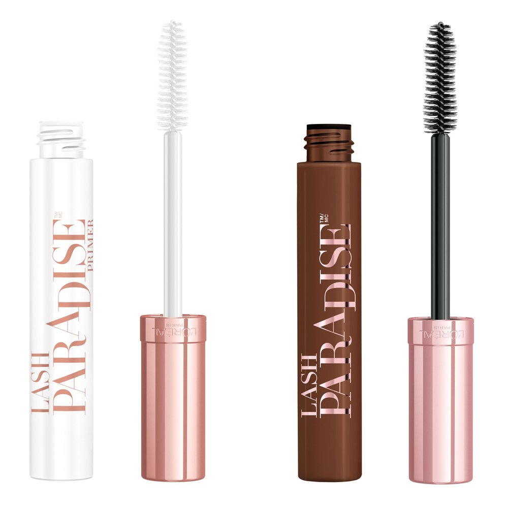 LOral Paris Makeup Voluminous Lash Paradise Mascara Primer in Millennial Pink + Makeup Voluminous Lash Paradise Mascara in Latte Brown
