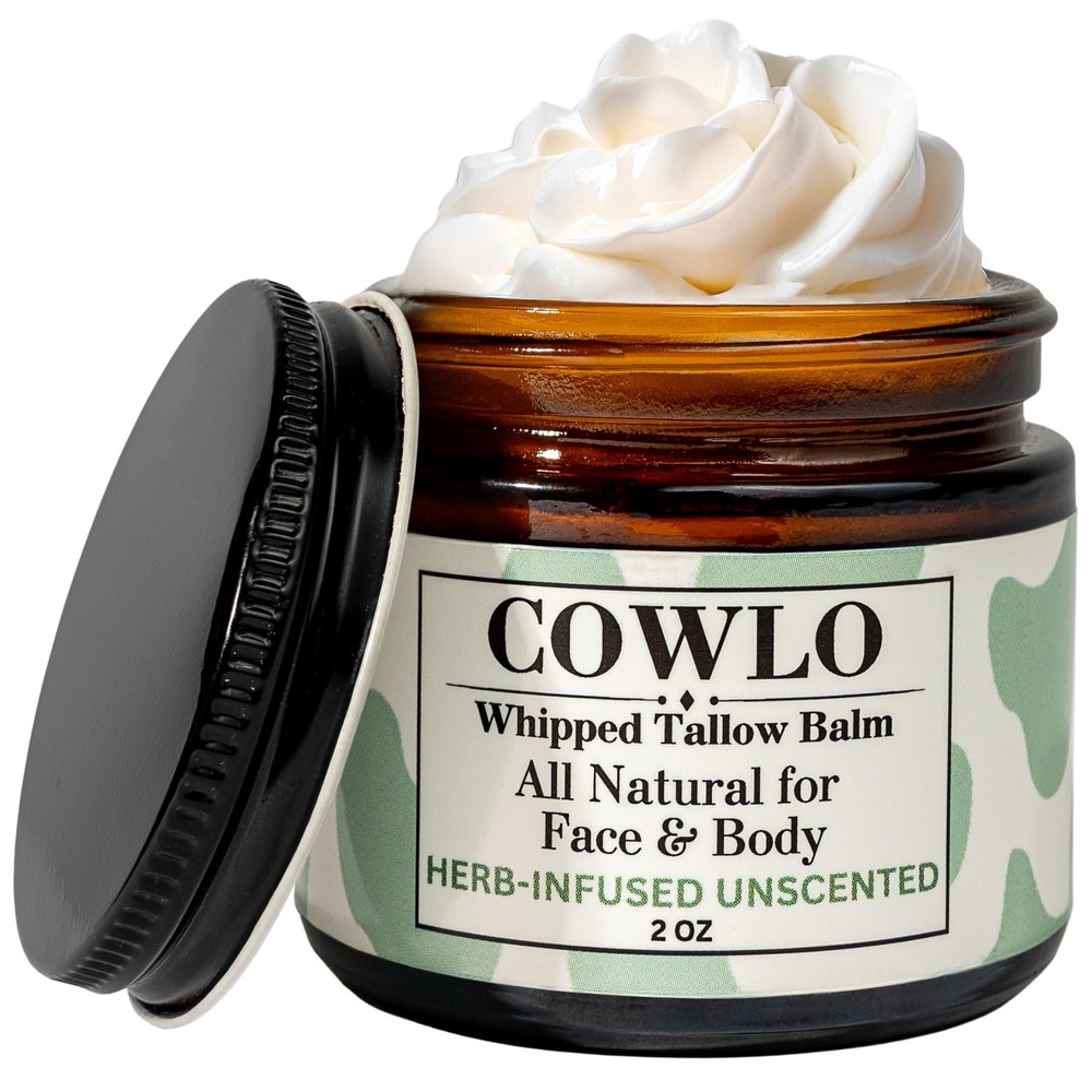 Cowlo Whipped Tallow Balm & Body Butter (Unscented/Herb-Infused) Grass Fed Tallow Moisturizer for Face, Body & Baby Organic Olive Oil Infused with Calendula & Frankincense Handmade Skincare, 2 oz