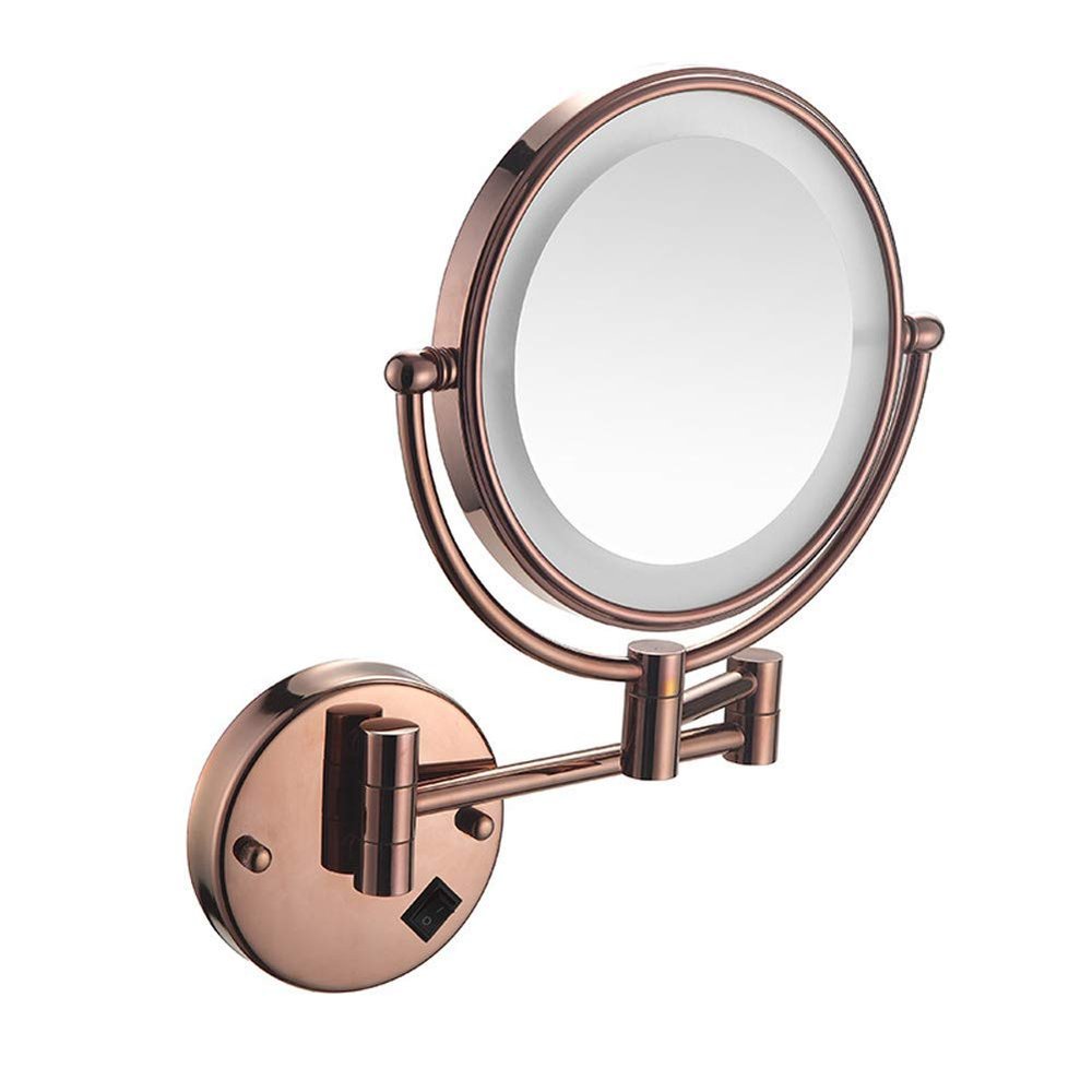8 in Round LED Lighted Wall Mount Makeup Mirror Wall-Mounted Bathroom Mirror with Lights and 3X Magnification, Lighted Wall Mount Mirror Double Sided Swivel Extendable,Nickel,Charging(Rose Gold,Plug)