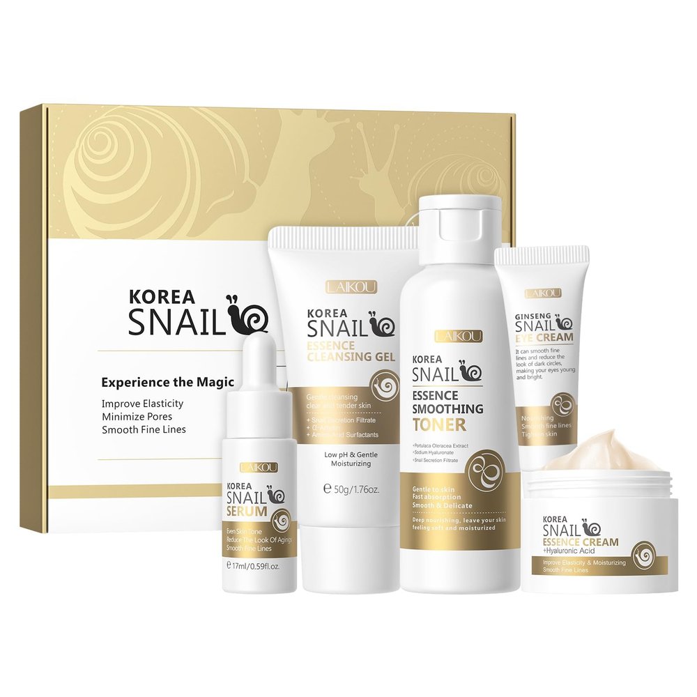 LAIKOU Korean Skin Care, Skin care set, Skin Care Kit Snail and Ginseng with Cleansing Gel, Toner, Eye Cream, Serum, Essence Cream 5pcs for Women Teen Girls Mom Daughter Mother's Day Birthday