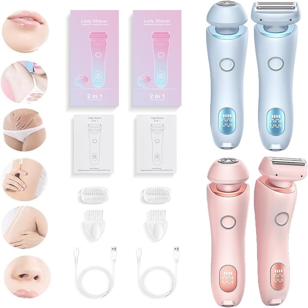 Electric Razor for Women, Rechargeable Hair Remover, Portable and Safe Lady Razor, 2 in 1 Double-Headed Waterproof Wet and Dry, Electric Bikini Trimmer for Women (Blue+Pink)