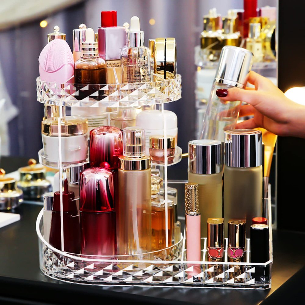 Abizarch Rotating Makeup Organizer 360 Degree Makeup Holder Large Capacity Adjustable Cosmetic Storage Stand Space Saving Makeup Display Box for Makeup Lipsticks Dresser Bedroom Bathroom
