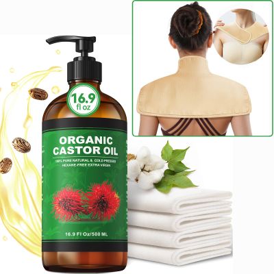 16.9 oz Castor Oil Organic Cold Pressed Unrefined Glass Bottle | 4 Pcs Castor Oil Pack Wrap Organic Cotton Reusable | 1 Pc Castor Oil Pack Wrap for Shoulder, Neck & Upper Back