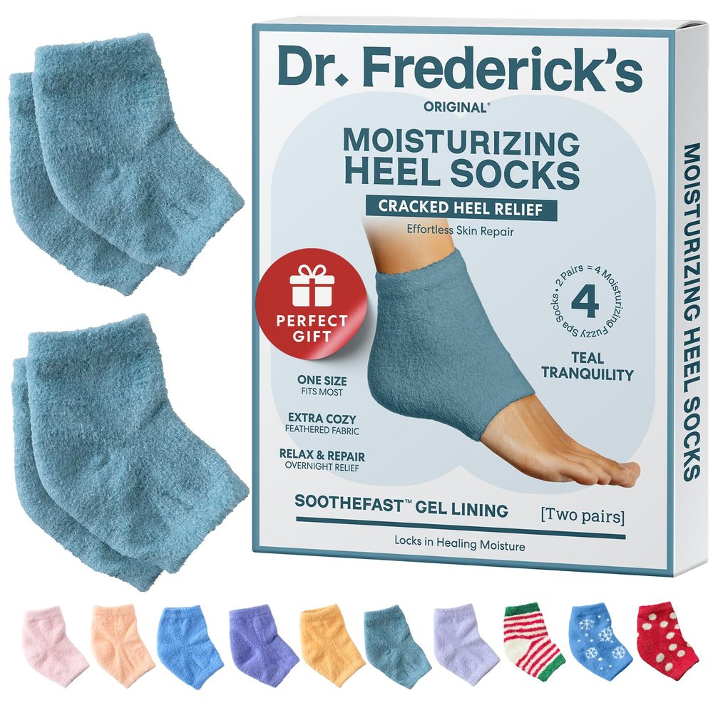 Dr. Frederick's Original Moisturizing Fuzzy Heel Socks for Dry Cracked Heels Treatment - Infused with Olive Oil, Jojoba Oil and Vitamin E - 2 Pairs - Stocking Stuffers for Adults - Teal Tranquility