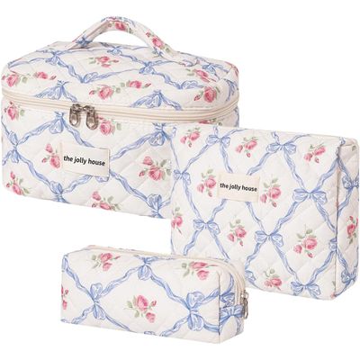 3PCS Cotton Quilted Floral Makeup Bag Set for Women Girls, Cute Make Up Bags with Brush Pockets, Large Wide-Open Toiletry Pouch Gifts for Toiletries Accessories Travelling Essentials