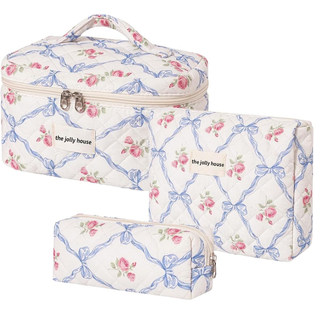 3PCS Cotton Quilted Floral Makeup Bag Set for Women Girls, Cute Make Up Bags with Brush Pockets, Large Wide-Open Toiletry Pouch Gifts for Toiletries Accessories Travelling Essentials