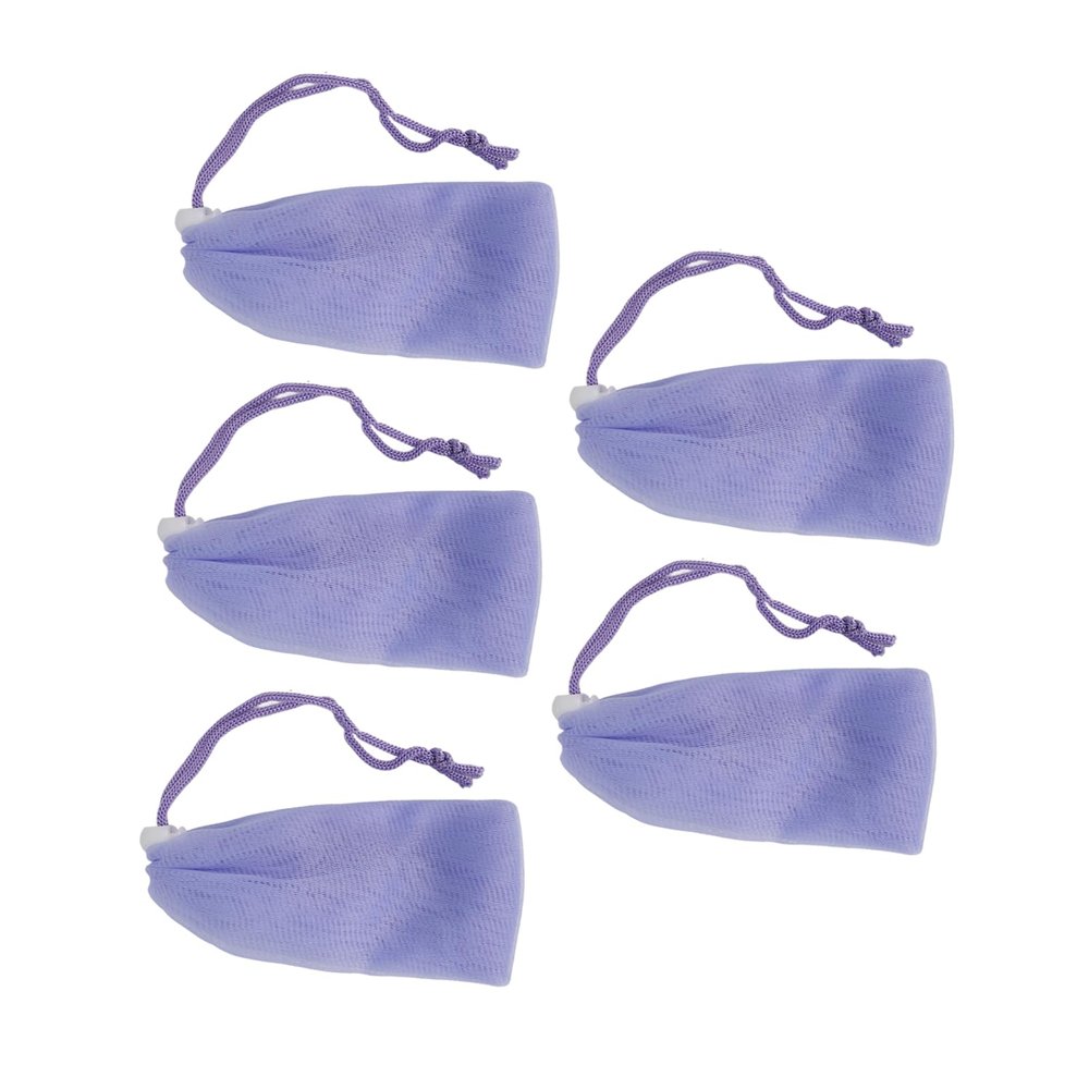 5pcs Mesh Soap Pouch Saver Bag Purple Bubble Foam Net with Drawstring Body Facial Cleansing Tool