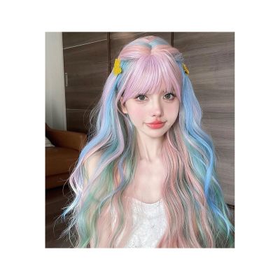 SLMslmsh-5188 Women Wigs Natural Wavy Hair Wig for Women Cosplay Heat Resistant 28Inch Iridescent Rainbow Color Multicolour Synthetic Wigs with Bang Long Synthetic Wigs