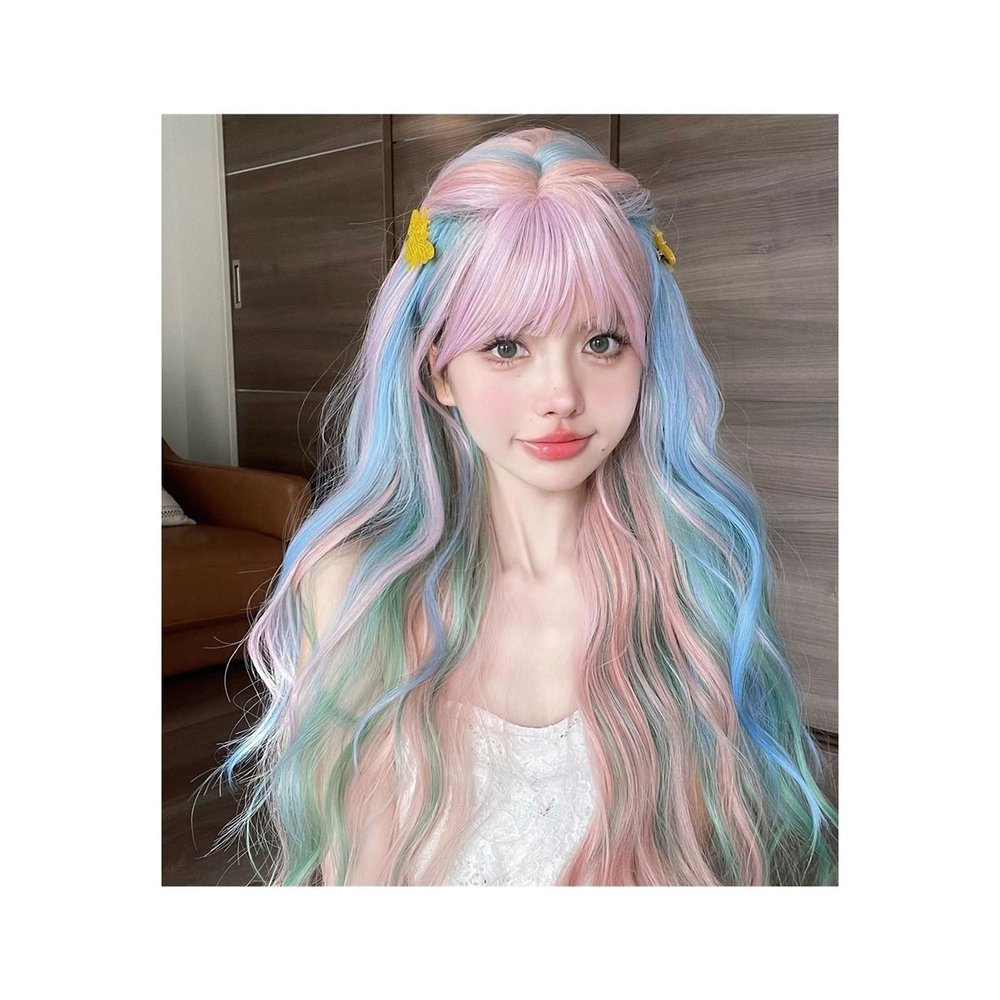 SLMslmsh-5188 Women Wigs Natural Wavy Hair Wig for Women Cosplay Heat Resistant 28Inch Iridescent Rainbow Color Multicolour Synthetic Wigs with Bang Long Synthetic Wigs