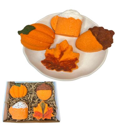 4 pcs Fall Bath Bomb Gift Box, Pumpkin, Mapple Leaf, Acorn Bath and Pumpkin Spice Latte Bath Bomb,