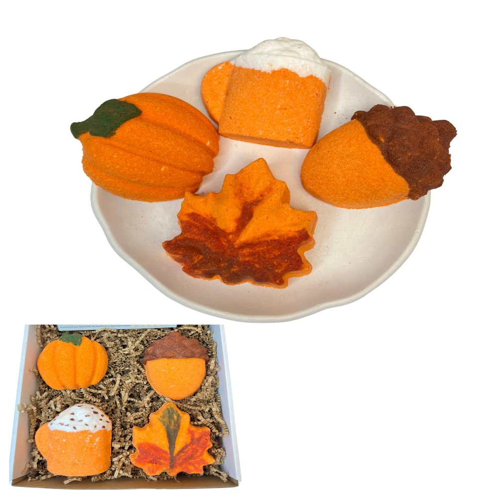 4 pcs Fall Bath Bomb Gift Box, Pumpkin, Mapple Leaf, Acorn Bath and Pumpkin Spice Latte Bath Bomb,