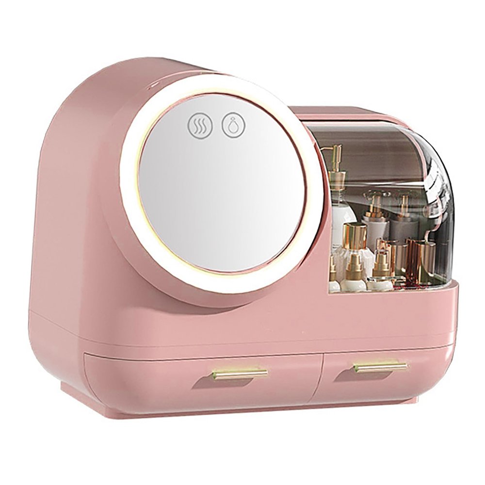 Mirror Fan Makeup Case Mirror Fan Makeup Case Large Capacity LED Light Mirror Makeup Storage Box for Women (Pink)