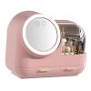 Mirror Fan Makeup Case Mirror Fan Makeup Case Large Capacity LED Light Mirror Makeup Storage Box for Women (Pink) view 1