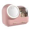 Mirror Fan Makeup Case Mirror Fan Makeup Case Large Capacity LED Light Mirror Makeup Storage Box for Women (Pink) view 3