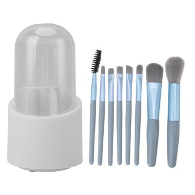 360 Rotating Makeup Brush Holder Organizer with 8 Brushes and Transparent Lid Cosmetic Storage Set with 7 Compartments (White)