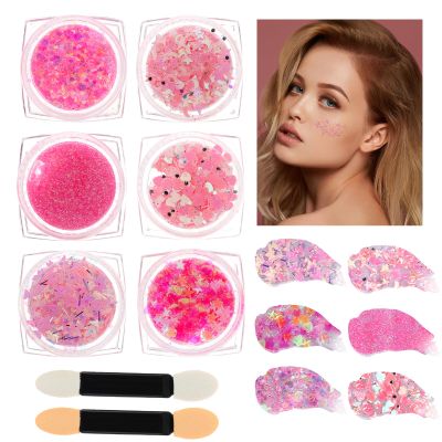 6 Pack Pink Holographic Glitter Gel for Face & Body - Sparkle Gel Makeup for Festivals, Parties, Halloween | Safe, Easy Wash Off for Hair, Cheer, Cosplay