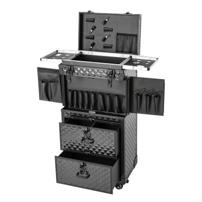 Aluminum Rolling Makeup Train Case, Portable Lockable Cosmetic Trolley with 2 Drawer & 4 Universal Wheels, Large multi-layer Cosmetology Travel Beauty Luggage Barber Organizer Suitcase