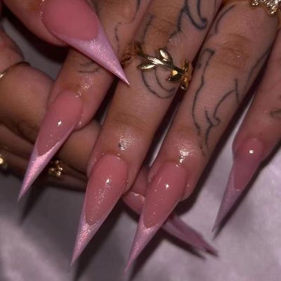 MISUD Press on Nails - Long Stiletto Glue on Nails with Pink French Tip, Acrylic Bling Glitter Design 24 pcs