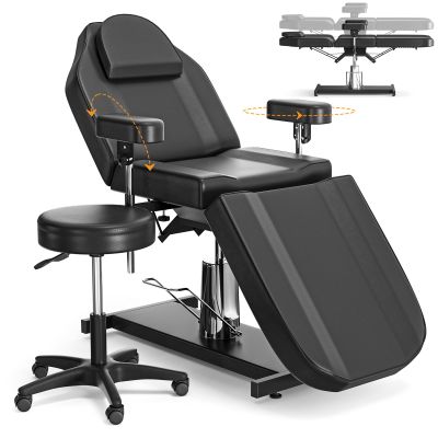 DeerDean Hydraulic Tattoo & Esthetician Chair Bed - 360 Swivel, 440Lbs Capacity - Adjustable Spa & Facial Treatment Bed for Tattoo Studio & Lash Salon (Black&Stool)