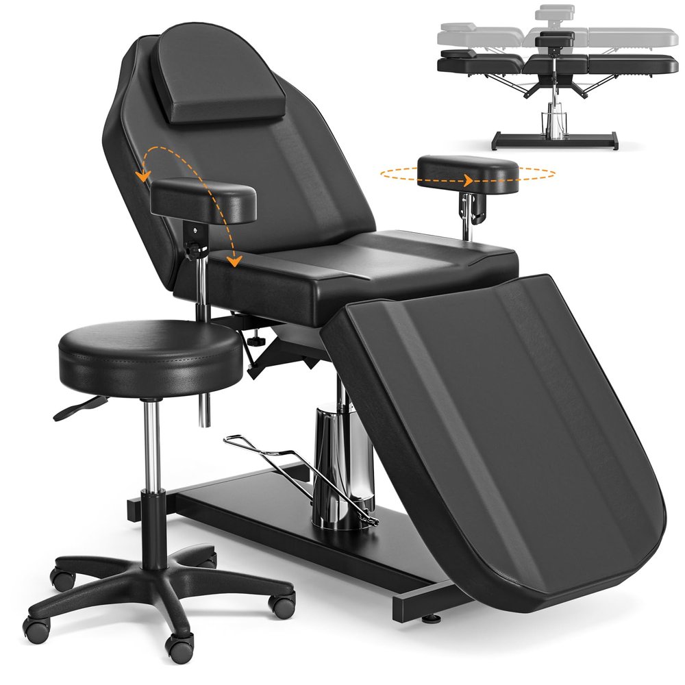 DeerDean Hydraulic Tattoo & Esthetician Chair Bed - 360 Swivel, 440Lbs Capacity - Adjustable Spa & Facial Treatment Bed for Tattoo Studio & Lash Salon (Black&Stool)