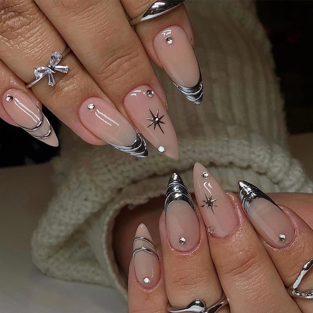 MISUD Press on Nails - Medium Almond Fake Nails with Silver Chrome, Acrylic Rhinestone Design 24 pcs