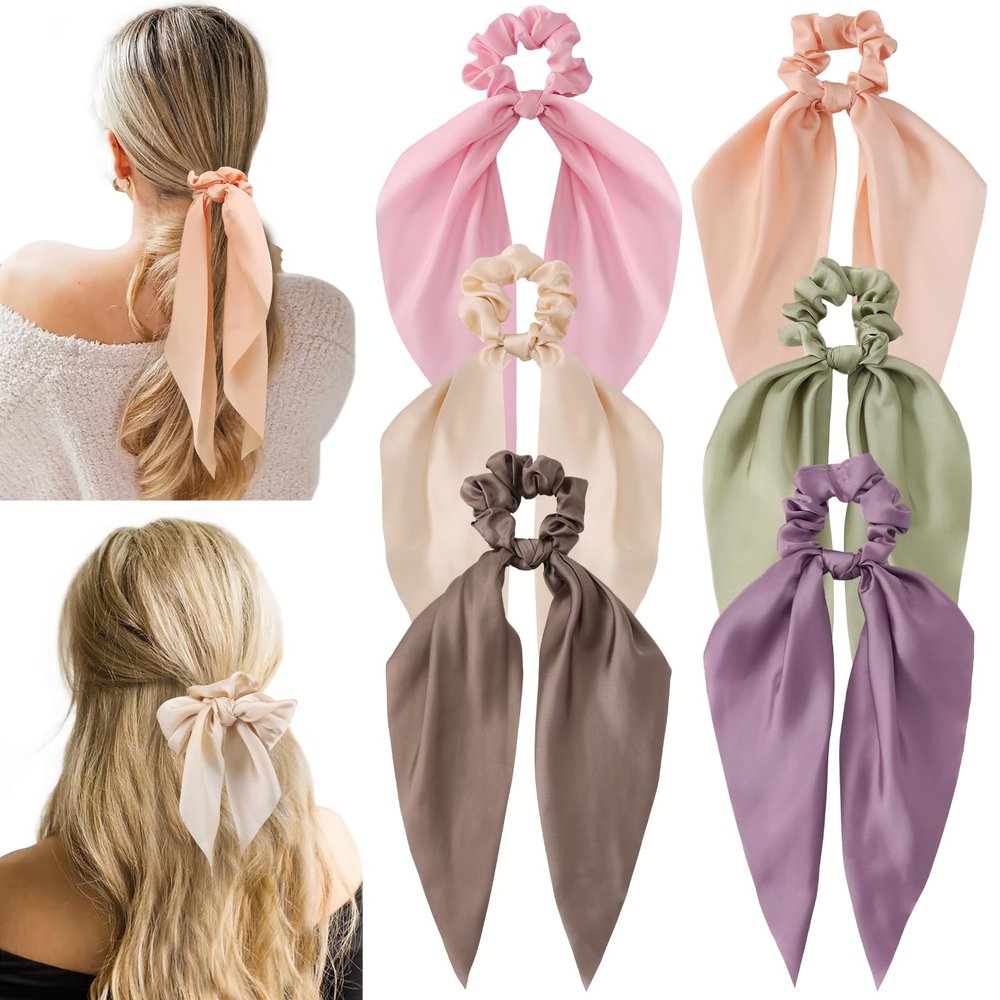 6 PCS Bow Silk Scrunchies, Hair Ties with Bow, Hair Scrunchies for Women Girls, Knotted Bow Silk Hair Ties, Satin Hair Ribbon Scrunchy Elastic Hair Tie Accessories Christmas Gifts