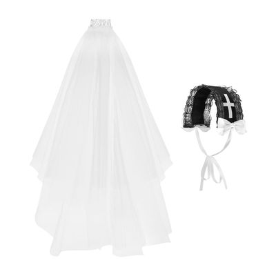 haozaikeji Lolita Cross Hairband Girl Halloween Saint Headband with Comb Veil Gothic Zombie Bride Headpiece for Cosplay Nurse