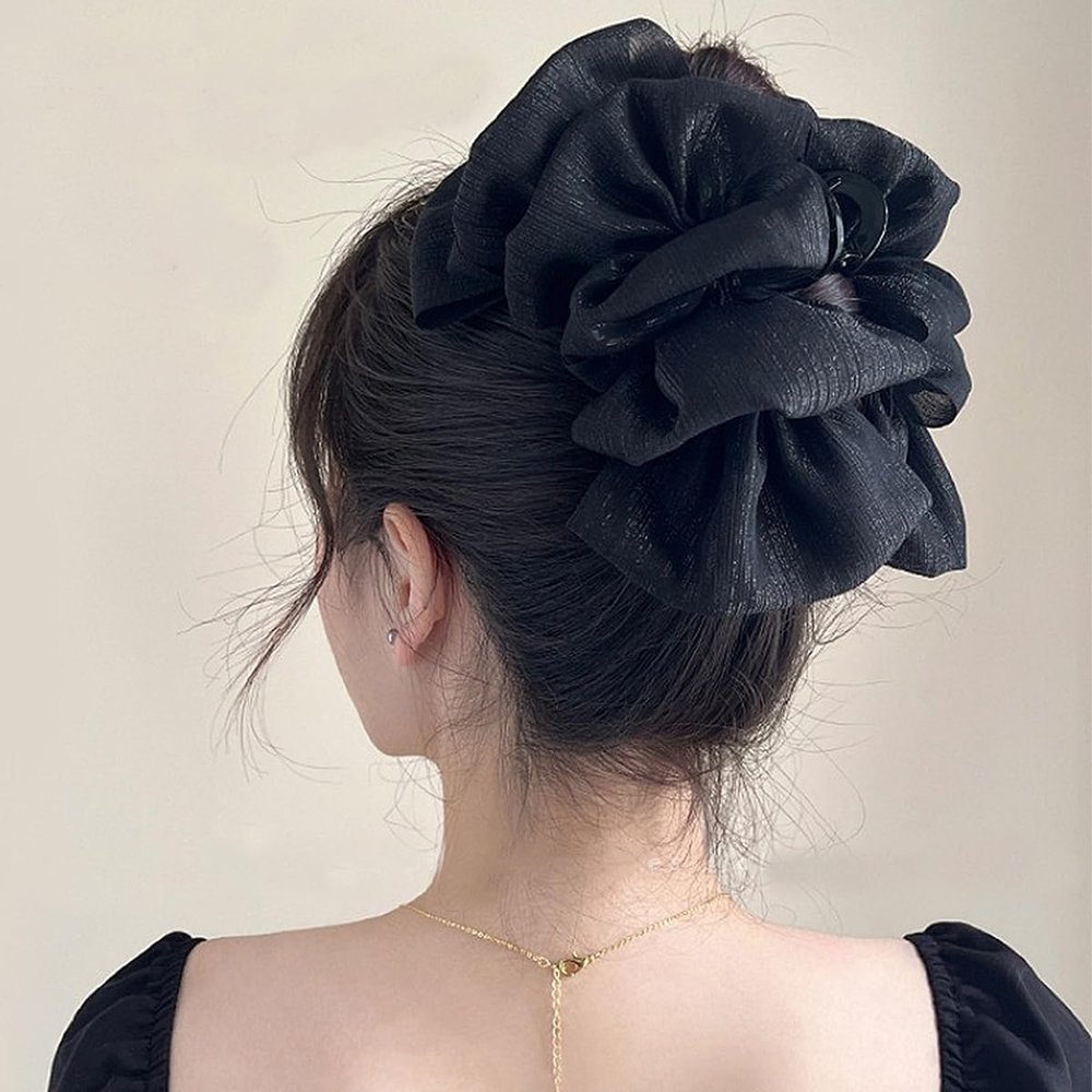 Large Bow Hair Claw Clips for Women Mesh Bubble Hair Barrettes for Thick Thin Hair Elegant Chiffon Silk Hair Accessories (Tulle black)