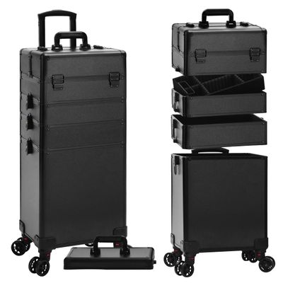 JINGUAN Profesional Rolling Makeup Train Case with Lid, 5 in 1 Cosmetology Case on Wheels, Large Cosmetic Trolley Organizer Travel for Hairstylist Artist Nail Beauty Salon Barber, Black