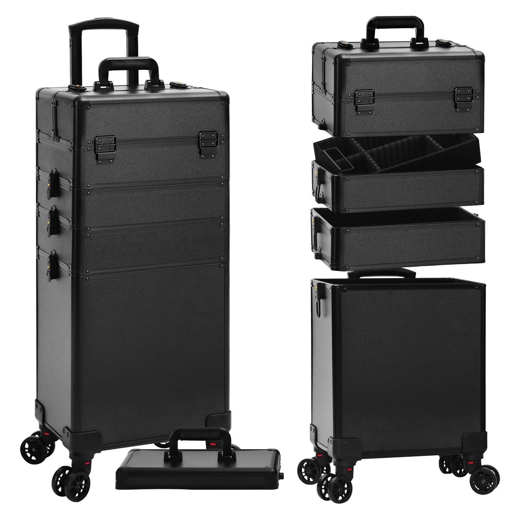 JINGUAN Profesional Rolling Makeup Train Case with Lid, 5 in 1 Cosmetology Case on Wheels, Large Cosmetic Trolley Organizer Travel for Hairstylist Artist Nail Beauty Salon Barber, Black