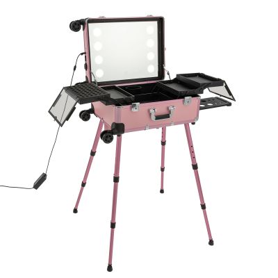 Aluminum Trolley Makeup Train Case with 8 LED Lights, Professional Rolling Lighted Cosmetic Organizer Box with Mirror & Stands & Wheels, Makeup Vanity Station for Travel