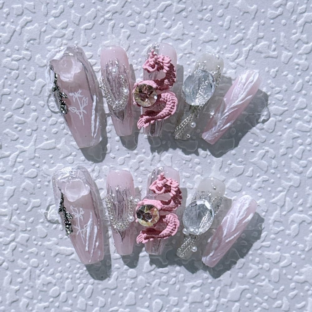Hand Worn Nail Pink Chinese Loong Nude Removable Reusable False Nail Enhancement Patch(S)