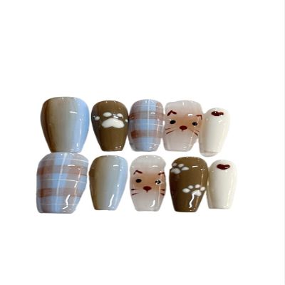 Hand drawn wearable nail cat gradient grid lazy feeling, detachable fake nail nail art patch(XS)