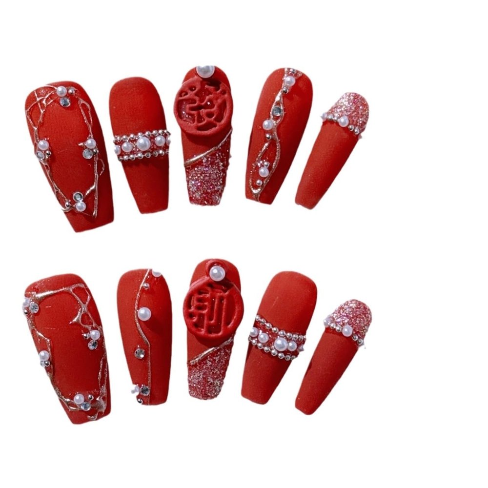 Handmade Nail Trimming, New Year's Nail Art, Wearing Armor, Wealth Red, Detachable Fake Nails(L)